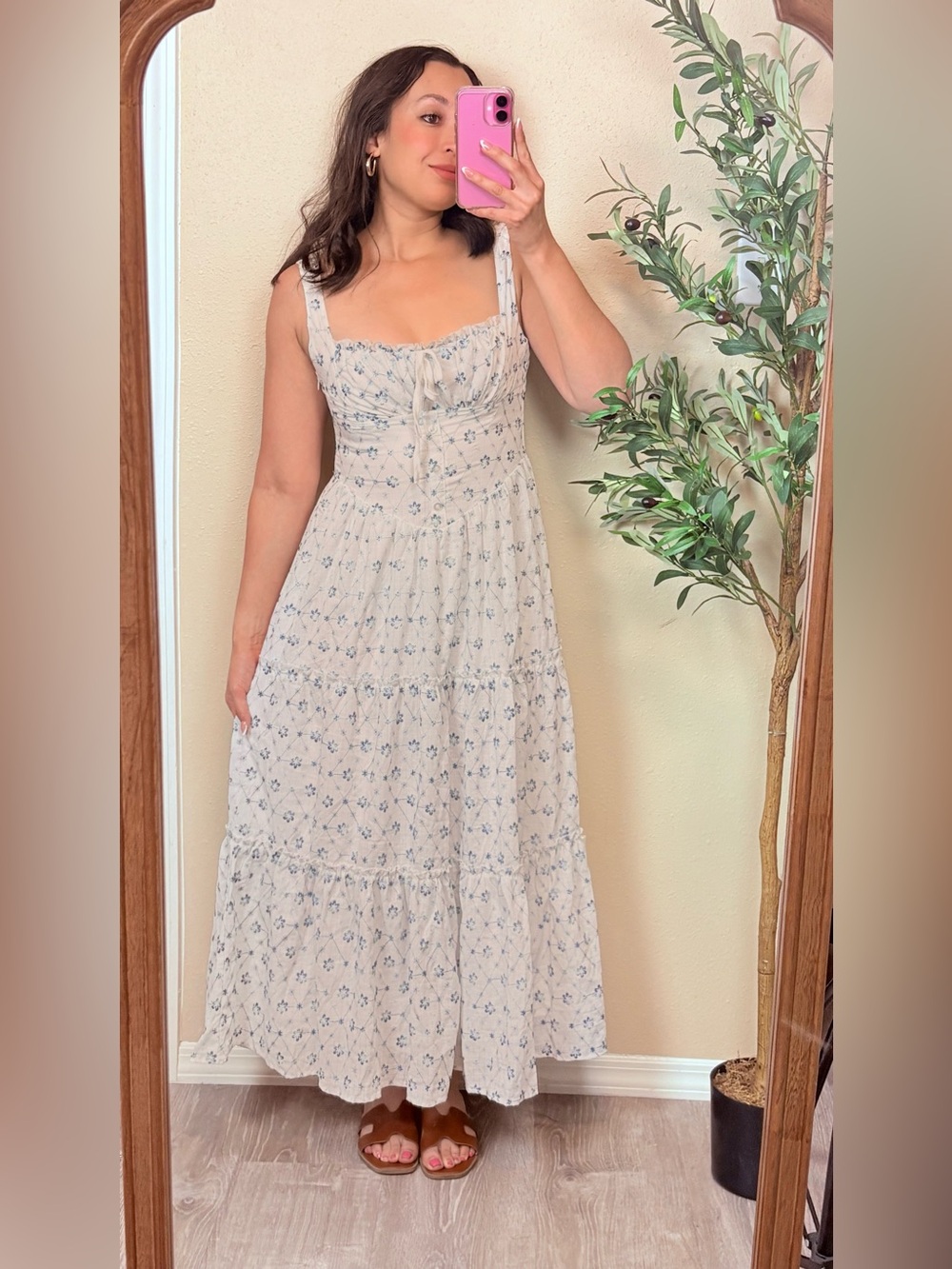 Floral Tie-Front Maxi Dress in Ivory and Blue Medium